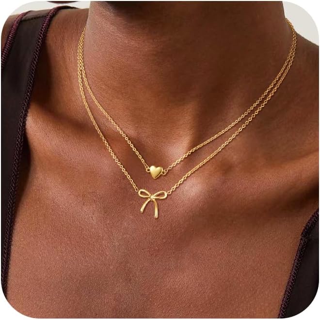 Risamil Store 14K Gold Plated Necklace for Women - Bow Necklace - Dainty Necklace Cute Small Tiny Bow Pendant Choker Chain Necklace Trendy Necklaces for Women Jewelry Gift - Image 1